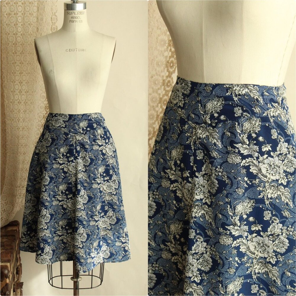 Vintage 1990s Skirt, Norton McNaughton Blue And White Floral Print